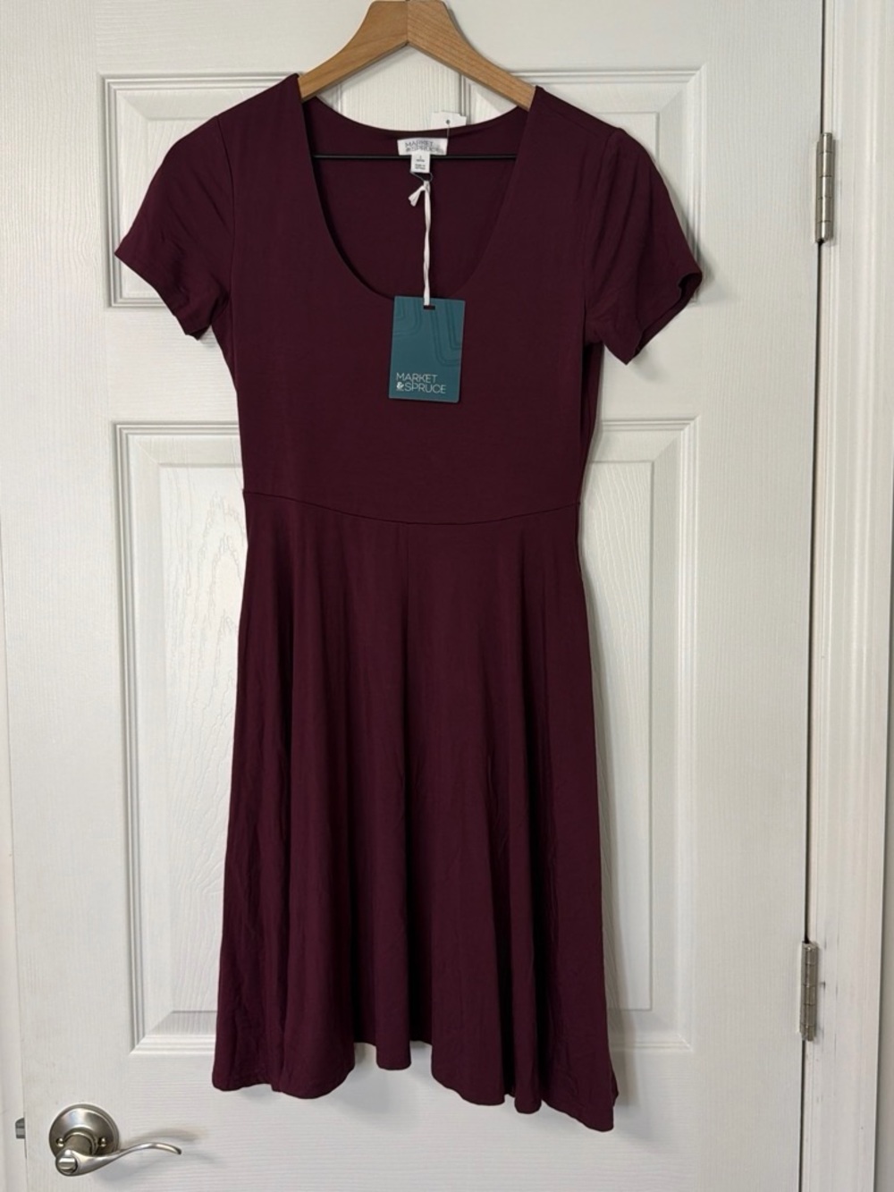 Market & Spruce Scoop-Neck Short Sleeve Mini Dress w/ pockets in Wine